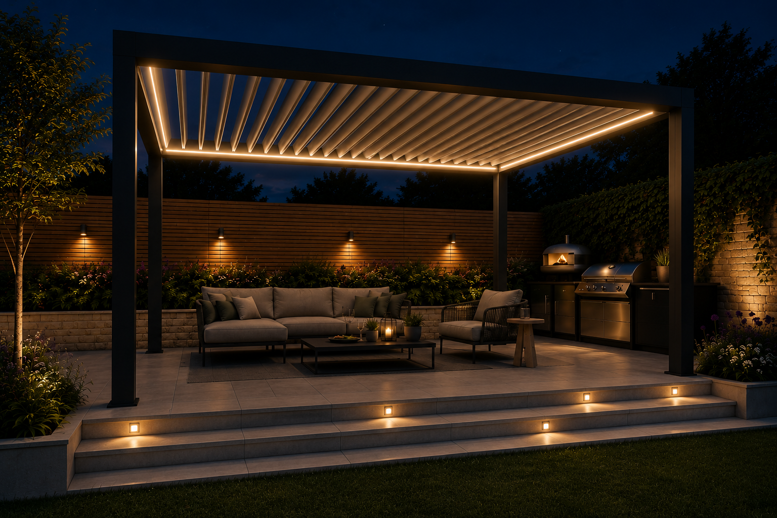 Pergola at night with LED lighting